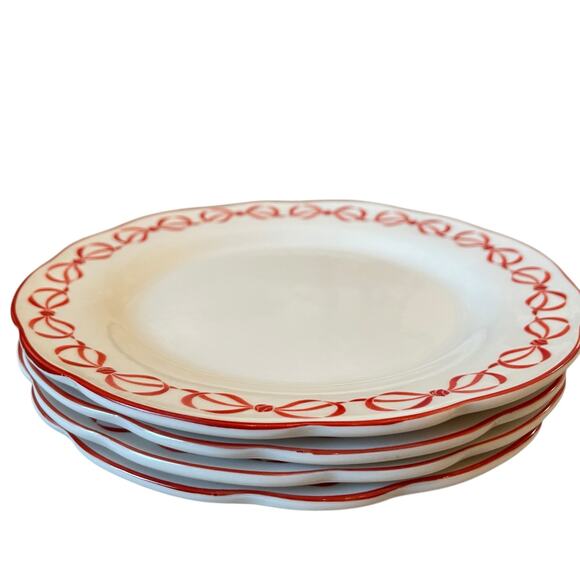 Red Bow Border Ceramic Appetizer Plates 7.5in Set of 4 by  4pc Red Bow Border Salad Plates 7.5in Ceramic Valentine Eaton Fine Dining New